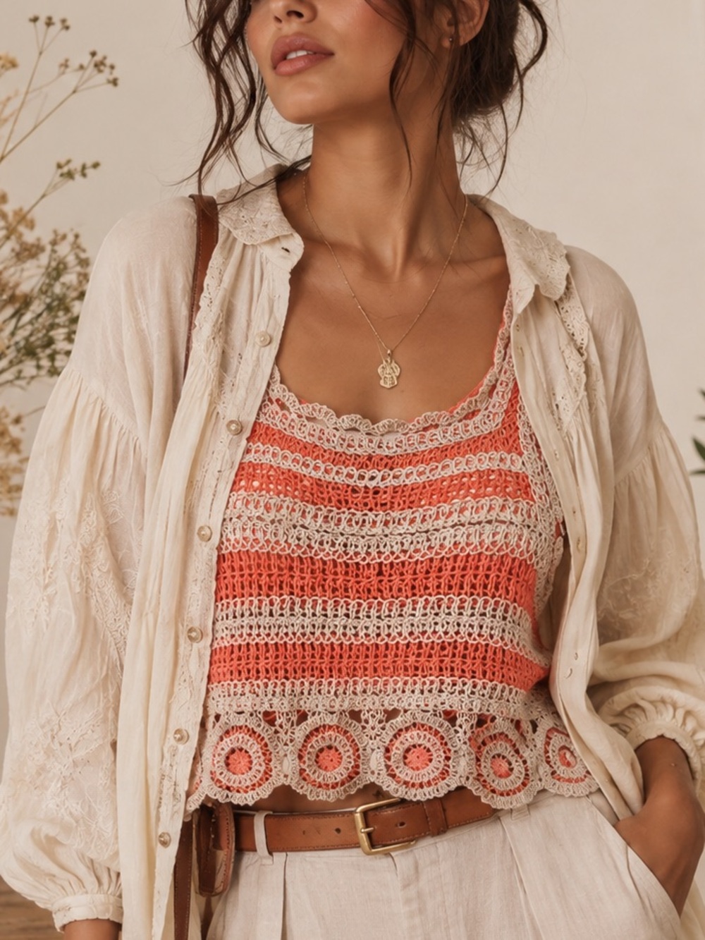 Truce Girls XS Orange Cream Crochet Tank Top Boho Scalloped Hem
